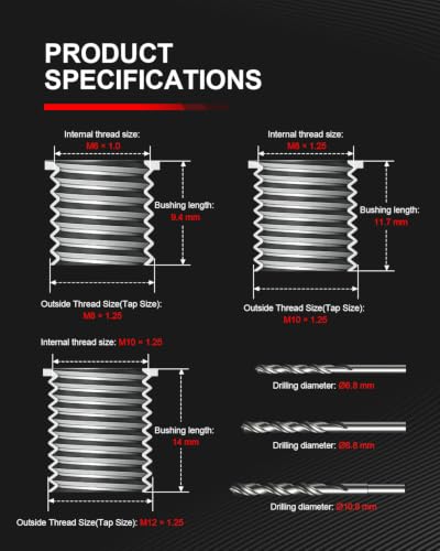 Kolvoii 42Pcs Metric Thread Repair Kit, M6 x 1.0, M8 x 1.25, M10 x 1.25, with HSS Drill Bits, Taps, Counterbores and Installation Tools, 30 Solid 304 Stainless Steel Thread Inserts - size: M6x1.0, M8x1.25, M10x1.25