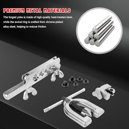 Double & Single Flaring Tool Kit, 45 Degrees Brake Line Repair Kit with Tubing Cutter & Adapters, Professional Flaring Tool Set for 3/16" to 1/2" Copper Aluminum Brass Tubing