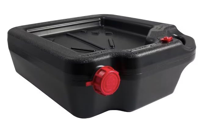Heavy Duty 16 Qt Fluid Drain Container Stores Upright or Flat, Integrated Handle, Extended Design