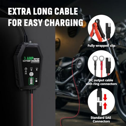 3 AMP Battery Charger, 6V/12V Car Motorcycle Smart Trickle Chargers | Fully Automatic Battery Chargers, Battery Maintainer for Car, Motorcycle, Boat, Lead-Acid, Lithium, LiFePo4 Batteries - color: One Pack