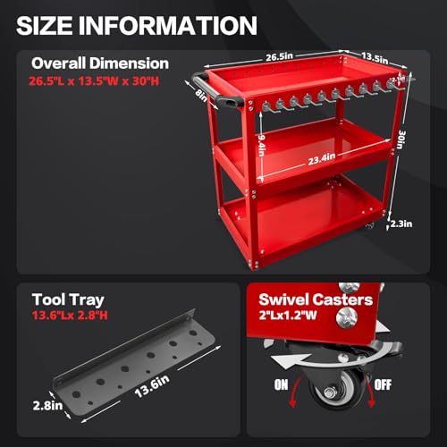 YATOINTO 3-Tier Rolling Tool Cart, Metal Rolling Cart with Side Hooks Wheels, 330LBS Heavy Duty Utility Carts, Handle Rolling Mechanic Tool Cart Storage Organizer for Warehouse Garage