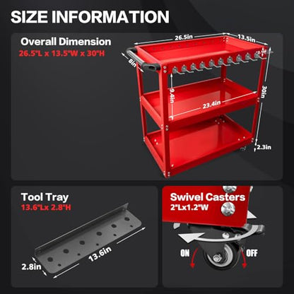 YATOINTO 3-Tier Rolling Tool Cart, Metal Rolling Cart with Side Hooks Wheels, 330LBS Heavy Duty Utility Carts, Handle Rolling Mechanic Tool Cart Storage Organizer for Warehouse Garage