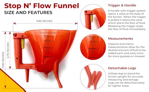Stop N' Flow Funnel with Flexible Hose, Spill Free Liquid Control, Detachable Legs, and Measurements for Automotive Coolant, Antifreeze, and Petroleum, Heavy-Duty Plastic