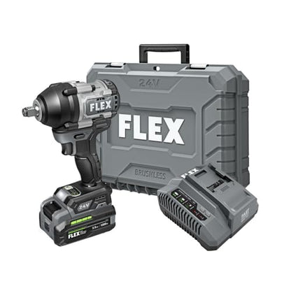 FLEX 24V Brushless Cordless 1/2-Inch 750 Ft-Lbs Mid-Torque Impact Wrench Kit with 3.5Ah Stacked Lithium Battery and 160W Fast Charger - FX1451-1F, Grey/Black
