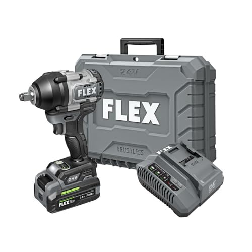 FLEX 24V Brushless Cordless 1/2-Inch 750 Ft-Lbs Mid-Torque Impact Wrench Kit with 3.5Ah Stacked Lithium Battery and 160W Fast Charger - FX1451-1F, Grey/Black