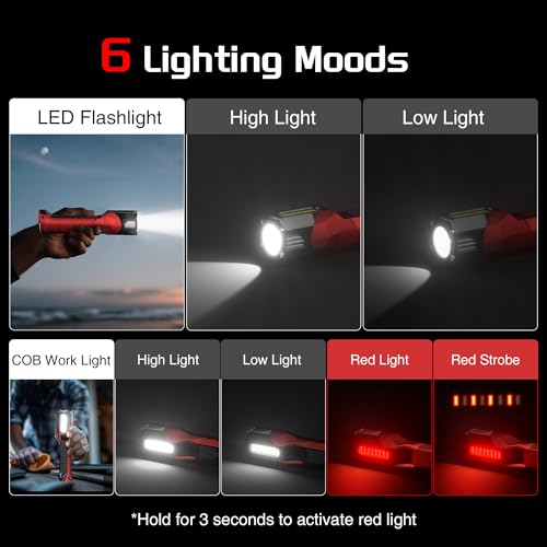 Anhay Rechargeable Work Light, 1200 Lumens LED Work Lights with 160° Swivel Head, Magnetic Base & Hooks, 6 Lighting Modes Magnetic Work Light for Car Repairs, Emergencies