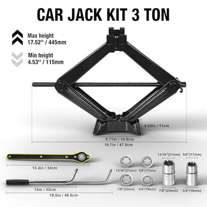 YELLOW JACKET Scissor Car Jack 3 Ton Tire Changing Kit with Lug Wrench, Emergency Kit Scissor Jack for Car - size: 3 TON