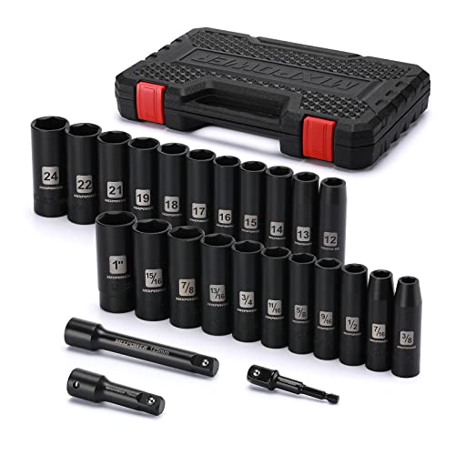 MIXPOWER 25 Pieces 1/2-Inch Drive Deep Impact Socket Set, CR-V, Metric/SAE, Includes 12mm to 24mm, 3/8-Inch to 1-Inch, 3", 5" Extension bars, 1/2"-1/4" Adapter - size: 25 PCS(10MM-24MM,3/8"-1")