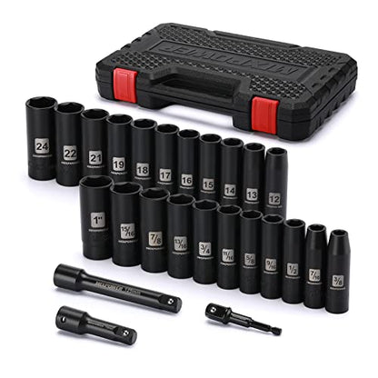 MIXPOWER 25 Pieces 1/2-Inch Drive Deep Impact Socket Set, CR-V, Metric/SAE, Includes 12mm to 24mm, 3/8-Inch to 1-Inch, 3", 5" Extension bars, 1/2"-1/4" Adapter - size: 25 PCS(10MM-24MM,3/8"-1")