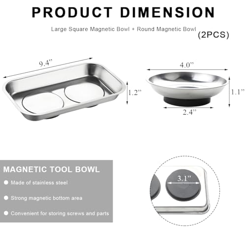 2 PCS Magnetic Parts Tray Set, Stainless Steel 9.4"×5.4" Square and 4" Round Magnetic Trays, Mechanic Tool Tray Holder for Screw, Sockets, Bolts, Nuts, Small Metal Parts - color: 9.4"×5.4" Square+4" Round