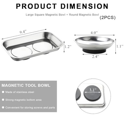 2 PCS Magnetic Parts Tray Set, Stainless Steel 9.4"×5.4" Square and 4" Round Magnetic Trays, Mechanic Tool Tray Holder for Screw, Sockets, Bolts, Nuts, Small Metal Parts - color: 9.4"×5.4" Square+4" Round