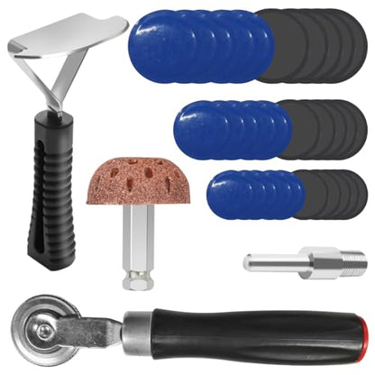34PCS Tire Repair Patch Tool Kit (32mm/42mm/58mm) | Tire Patch Roller Kit with Repair Buffing Wheel & Inner Liner Scraper, Universal Tire Grinding Tools for Car Bike Motorcycle