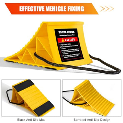 Wheel Chocks for RV Trailer, 4 Pack Non Slip Wheel Chocks for Travel Trailers with Rope for Easy Removal, Lightweight Plastic Wheel Stoppers Block for Camper Cars Trucks