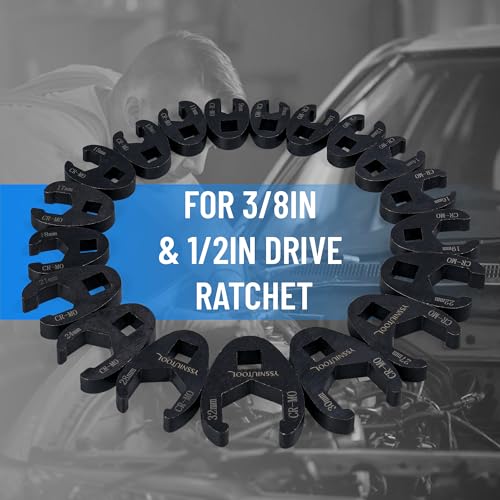 19PC Metric Tool 8 to 32 mm Sizes, Drive Jumbo Flare Nut Wrench Set, Flare Nut Wrench set for 3/8in and 1/2in Drive Ratchet