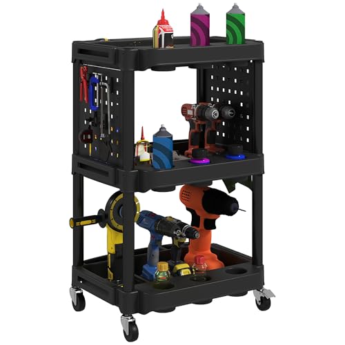 HOMCOM 3-Tier Rolling Tool Cart with Wheels, 200 LBS, Black | Plastic Utility Cart, Side Shelves, Mobile Service Tool Organizer, Garage Warehouse Workshop - color: Black, size: 22.2" W x 18.7" D x 35" H