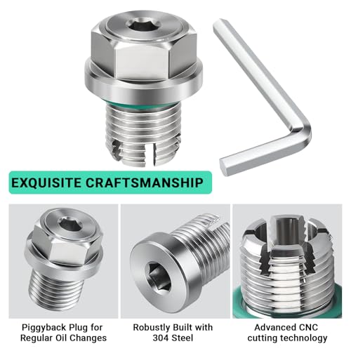 M14.1x1.5 Oversize Piggyback Oil Drain Plug, Stainless Steel Self-Tapping Oil Pan Thread Repair Kit with O-Ring and L-Wrench, Suitable for Most Vehicles