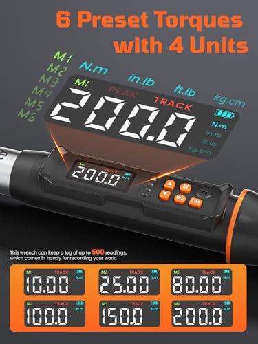 Digital Torque Wrench, 7.38-147.5 ft.lb/10-200 Nm, 1/2" Drive Inch Pound Torque Wrench Electronic with Buzzer & Colorful LED Indicator Cars Automotive