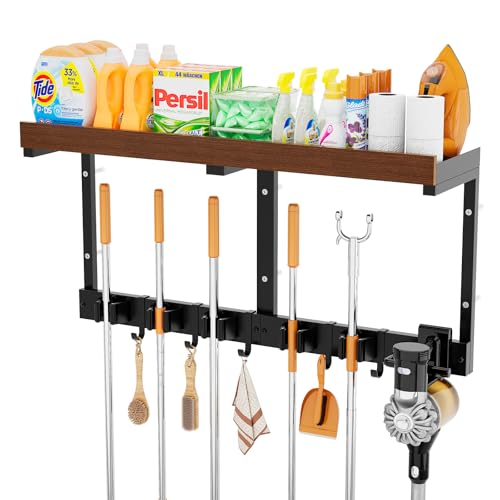 Broom and Mop Organizer Wall Hanging, Broom Hanger Holder Wall Mount | 3-in-1 mop and broom holder wall mount with 5 racks,5 hooks, storage shelf & vacuum organizer for garage,kitchen,laundry room