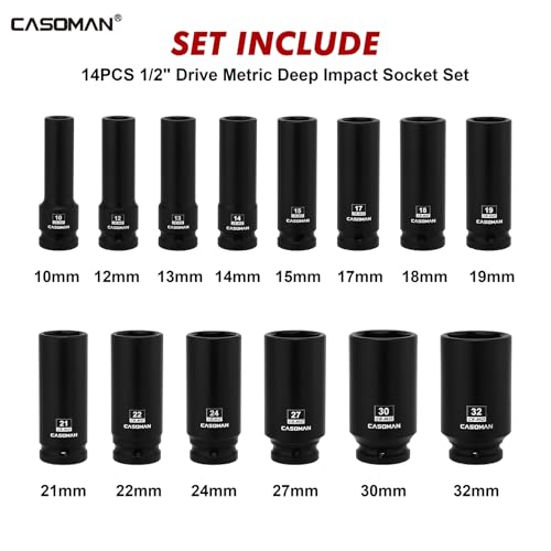 CASOMAN 14PCS 1/2" Drive Deep Impact Socket Set, Metric, 6-Point, CR-MO, 10mm to 32mm, for Auto Repair, Mechanic, with Portable Case, Easy-to-Read Size Markings, Rugged Construction - size: 10mm to 32mm