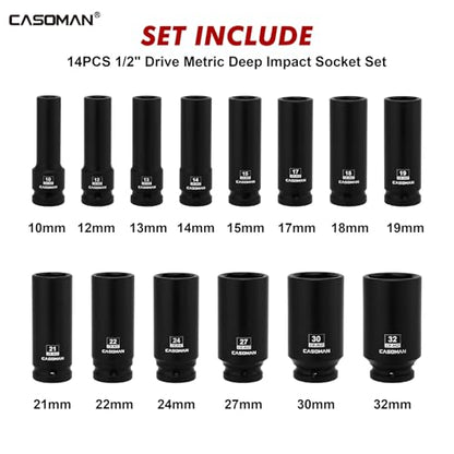 CASOMAN 14PCS 1/2" Drive Deep Impact Socket Set, Metric, 6-Point, CR-MO, 10mm to 32mm, for Auto Repair, Mechanic, with Portable Case, Easy-to-Read Size Markings, Rugged Construction - size: 10mm to 32mm
