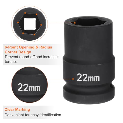 HARFINGTON 6-Point Impact Socket 3/4" Drive 22mm Metric 40Cr Alloy Steel Spindle Axle Nut Impact Socket - size: 22mm