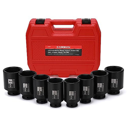 CASOMAN 8PCS 1/2"Dr. Deep Impact Socket Set-SAE, 1-9/16" to 2", 6-Point, Spindle Axle Nut Impact Socket Set, CR-MO, Impact Grade - size: 8PCS(1-9/16 Inch - 2 Inch), style: Deep