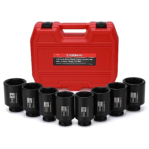 CASOMAN 8PCS 1/2"Dr. Deep Impact Socket Set-SAE, 1-9/16" to 2", 6-Point, Spindle Axle Nut Impact Socket Set, CR-MO, Impact Grade - size: 8PCS(1-9/16 Inch - 2 Inch), style: Deep