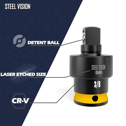 Steel Vision 7-Piece Low Profile Oil Filter Socket Set, 3/8" Drive Oil Filter Cap Removal Tool Kit with 24, 27, 29, 32, 36, 38mm Sockets and Universal Joint Adapter, CR-V Steel