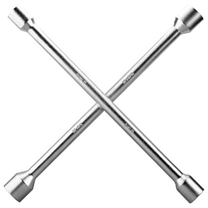 CARTMAN 14 Inch Heavy Duty 4 Way Universal Cross Lug Wrench Tire Iron | Built with sturdy thick steel structure, 4 integrated sockets sized 17/19mm & 21/22mm for effortless vehicle tire maintenance - size: 14" Chrome