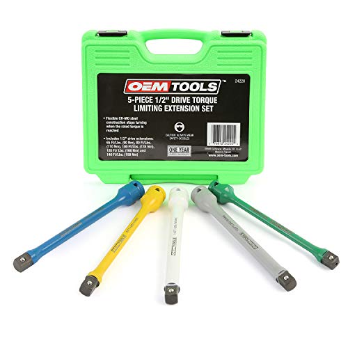 OEMTOOLS 24220 Torque Sticks 1/2 Drive Set, 5 Piece Torque Limiting Extension Set, Extends the Life of Thin Wall Impact Sockets, Impact Torque Sticks Come With Storage Case, Color Coded