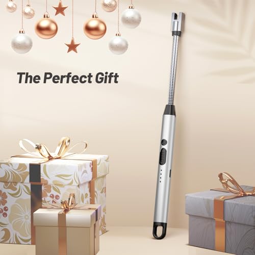 VEHHE Electric Candle Lighter, Plasma Arc Windproof BBQ Lighters with Touch Lock, Electric Lighter USB C Rechargeable with 360° Flexible Neck for Fireworks Camping Festivals (Silver) - color: Silver