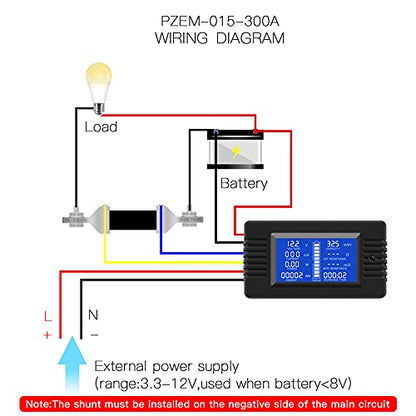DC 0-200V 300A Battery Monitor with Shunt, 9-in-1 Digital LCD Multimeter | Multimeter for 12V/24V/48V Solar System, RV, Car, Measures Voltage, Current, Power, Energy, Impedance, Capacity - style: DC 300A Battery Meter（300A Shunt）