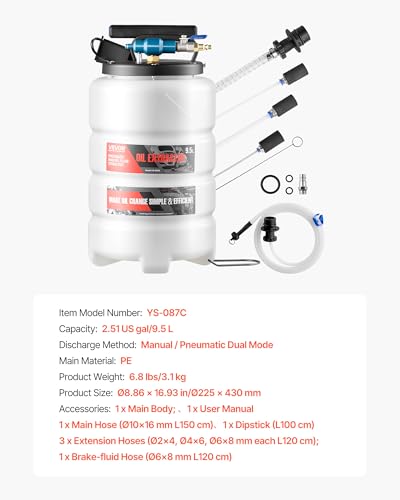 VEVOR Fluid Extractor, 9.5 L Capacity, Pneumatic/Manual Vacuum Oil Extractor Pump with 59 in Long Horse & Three 47 in Extension Tubes, Oil Change Pump with PE Tank for Cars, Lawn Mowers, Boats