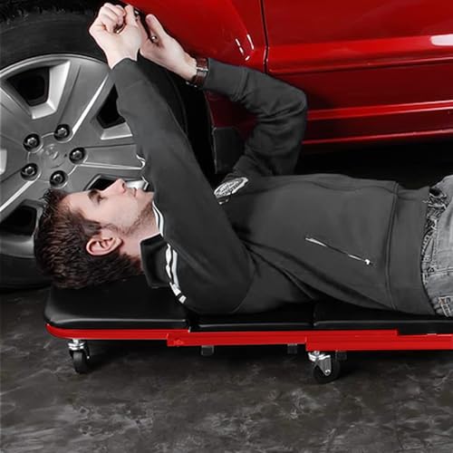 Magshion 40" Triplex Folding Creeper and Rolling Seat 2-in-1 330 lbs Capacity Foldable Mechanic Creeper Garage Stool Lay Down or Sit (Red) - color: Red, size: 40"