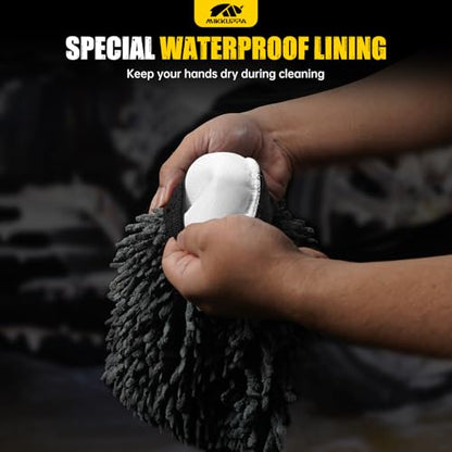 MIKKUPPA Car Wash Mitt Microfiber - Double-Sided Chenille Scratch Free Mitt with Waterproof Inner for Car Washing Home Cleaning (Gray, 2Pack, 10'' x 7'') - color: Gray