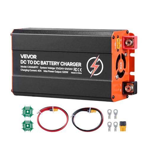 VEVOR DC to DC Charger with MPPT, 520W, 40A On-Board Battery Charger, Solar Panel/Alternator Dual Input, Smart Multi-Stage Charging for LiFePO4 Lead-Acid Batteries, 12V/24V-12V/24V, for RV Home Backup - size: 8.46 x 4.25 x 2.36 in