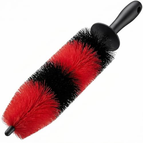 TAKAVU Wheel & Tire Brush, Long Soft Bristle, Easy Reach for Rims (Red) | Detailing Scrub Brush Cleans Rims, Exhaust Tips & Motorcycles, Long Bristle for Deep Barrel & Wheel Well Reach - color: Red & Black