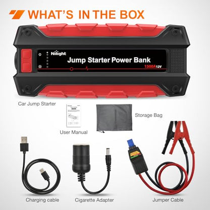 Nilight 1500A Car Battery Jump Starter for Up to 7.0L Gas & 5.5L Diesel Engines 12V Portable Jump Start Booster Pack Jump Box with Jumper Cables DC Output and LED Light - color: 1500A