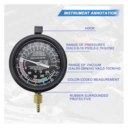 Fuel Pump and Vacuum Tester Gauge, Car Carburetor Leak Diagnostics Tester Kit, Universal Pressure Testing Meters for Automotive Engine Fuel System