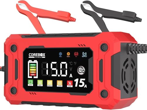 COREBOX Battery Charger 15-Amp 12V Automatic Smart Battery Trickle Charger, Battery Maintainer Desulfator with Temperature Compensation for Car Truck Motorcycle Lawn Mower Marine - color: Red-15A/12V