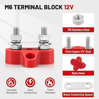 RED WOLF 12V 100A Power Distribution Block 1/4" Dual Stud Busbar M6 Terminal Bus Bar 12 Volt DC Battery Junction Post for Auto Boat Marine Solar System Positive and Negative (2PC) - size: Dual M6 Stud