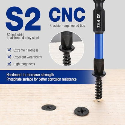 WORKPRO 12pcs PH2 Impact Phillips Screwdriver Bit Set, CNC Machined S2 Steel Tips with Magnetism, 1/4" Hex-Shank Driver Bits, 2" Long Impact Screwdriving Bits with Storage Box - size: 2 in