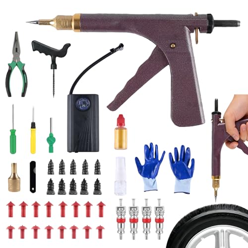 tire Plug kit Motorcycle tire Repair kit tubeless tire Repair kit Suitable for Punctured and Flat Tires of Motorcycles, Cars, ATVs and Lawn mowers; Includes an inflator（Red ） - color: Red+44