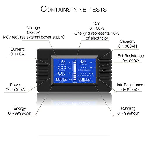 DC 0-200V 100A Digital Battery Monitor Meter, LCD, Solar, Multifunction | Solar Power Meter, Multimeter, Ammeter, Voltmeter, 12V/24V/48V, for RV, Car Battery, Current Voltage - style: DC 100A Battery Meter（100A Shunt）