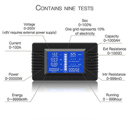 DC 0-200V 100A Digital Battery Monitor Meter, LCD, Solar, Multifunction | Solar Power Meter, Multimeter, Ammeter, Voltmeter, 12V/24V/48V, for RV, Car Battery, Current Voltage - style: DC 100A Battery Meter（100A Shunt）