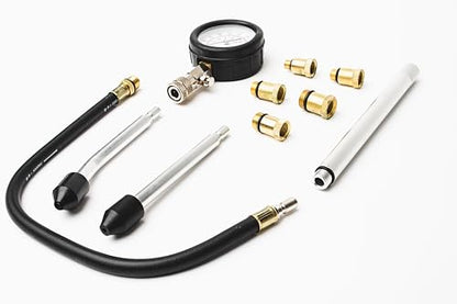 PMD Products Engine Cylinder Compression Tester Kit with Extender Tubes, 5 Spark Plug Adapters (M10, M12, M14, M16, M18), Dual Scale Compression Gauge, and Quick Check Rubber Cones