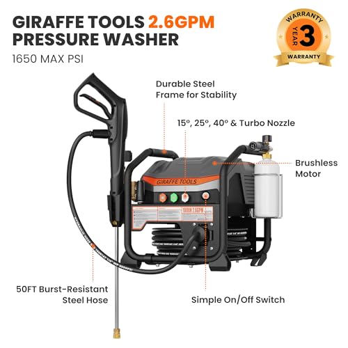 Giraffe Tools Crossfalls Retractable Pressure Washer Ultra, Max 2.6GPM 1650PSI with Brushless Motor, Wall Mount Electric Power Washer with 50ft Pressure Hoses, 4-Nozzle, Foam Cannon, Automatic Rewind - size: 50ft