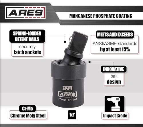 ARES 70072-1/2-inch Drive Impact Universal Joint - Chrome Moly U-Joint Socket Accesses Hard to Reach Fasteners - size: 1/2-Inch Standard