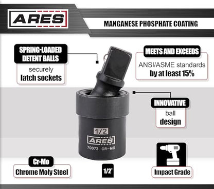 ARES 70072-1/2-inch Drive Impact Universal Joint - Chrome Moly U-Joint Socket Accesses Hard to Reach Fasteners - size: 1/2-Inch Standard