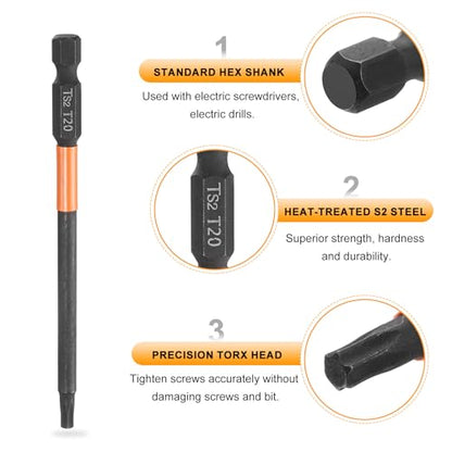 HARFINGTON 3pcs T20 Torx Head Screwdriver Bit 4" (100mm) Long 1/4" Hex Shank Magnetic No Hole Tamper Proof 6 Point Star Screw Driver Drill Bits Phosphate S2 Steel Industrial Power Tools - size: T20 x 100mm